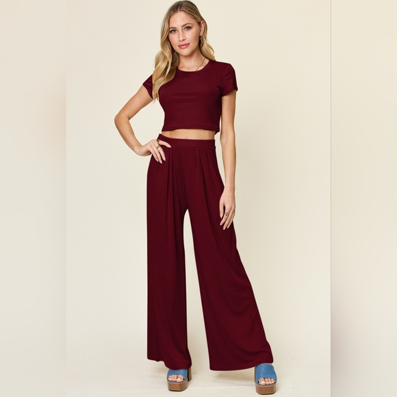 Double Take Full Size Round Neck Top and Pants Set In Cerise Color - Picture 2 of 5